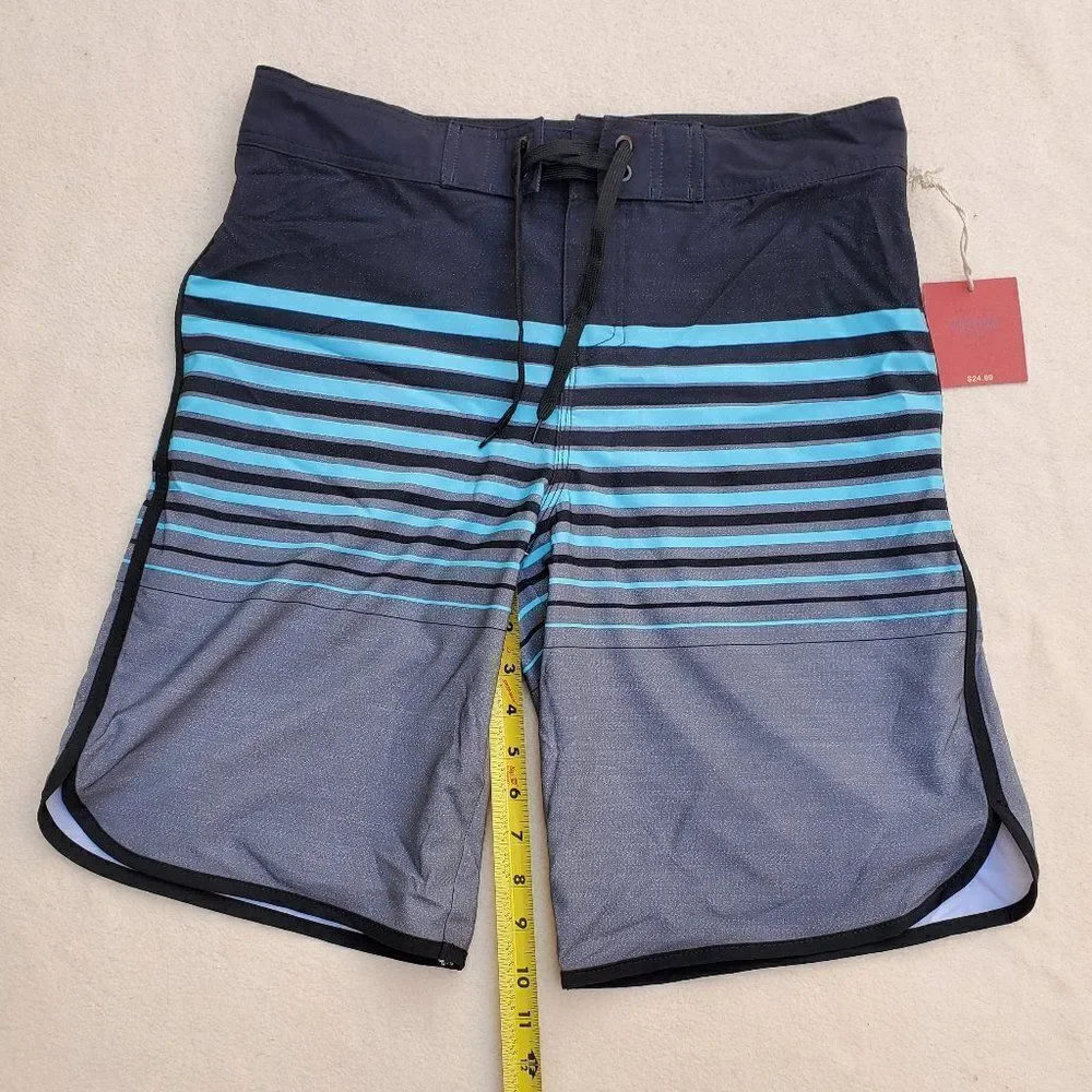 Mossimo black, teal, and gray striped board shorts